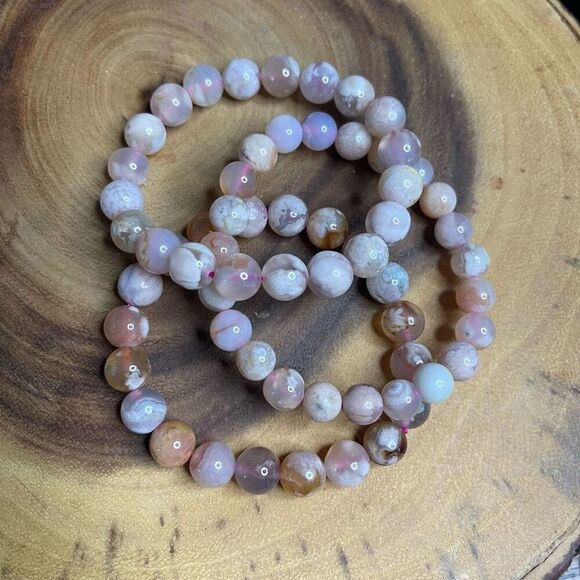 Pink green Flower Agate stretch beaded bracelet 7” crystal healing beads 8mm ONE - Picture 6 of 7